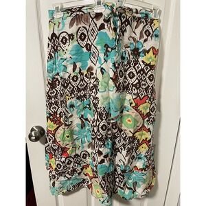 Choices 100% linen skirt turquoise‎ brown  long elastic waist floral